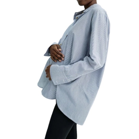 Hatch Tops - Hatch The Classic Buttondown Blue Striped Oxford Shirt Maternity Post Bump S/1